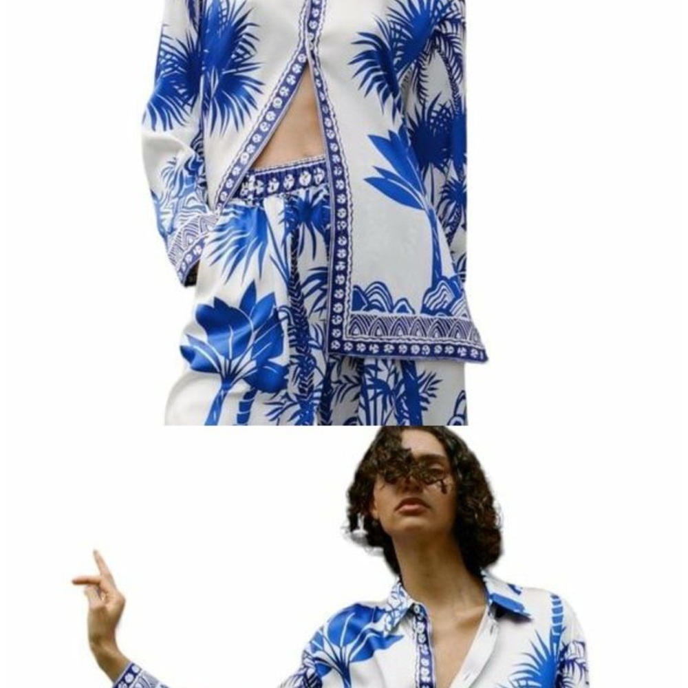 Zara Blue and White Tropical Print Top